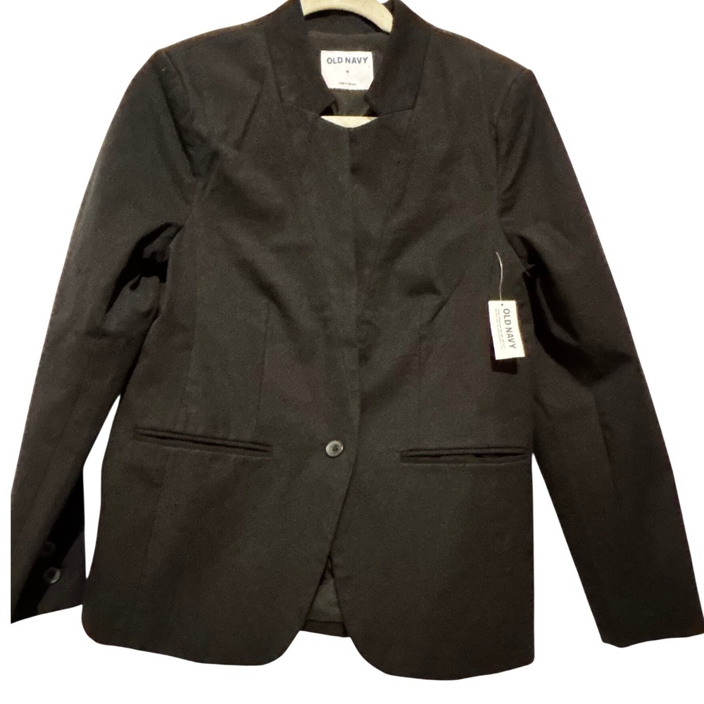 Old Navy Womens Black Collarless‎ Single Button Stretch Blazer Jacket Sz M NEW